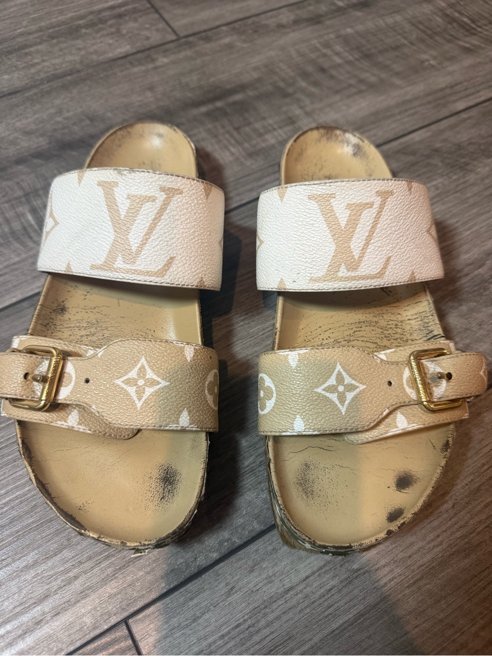 Louis Vuitton Beige Monogram Double Strap Slide Sandals